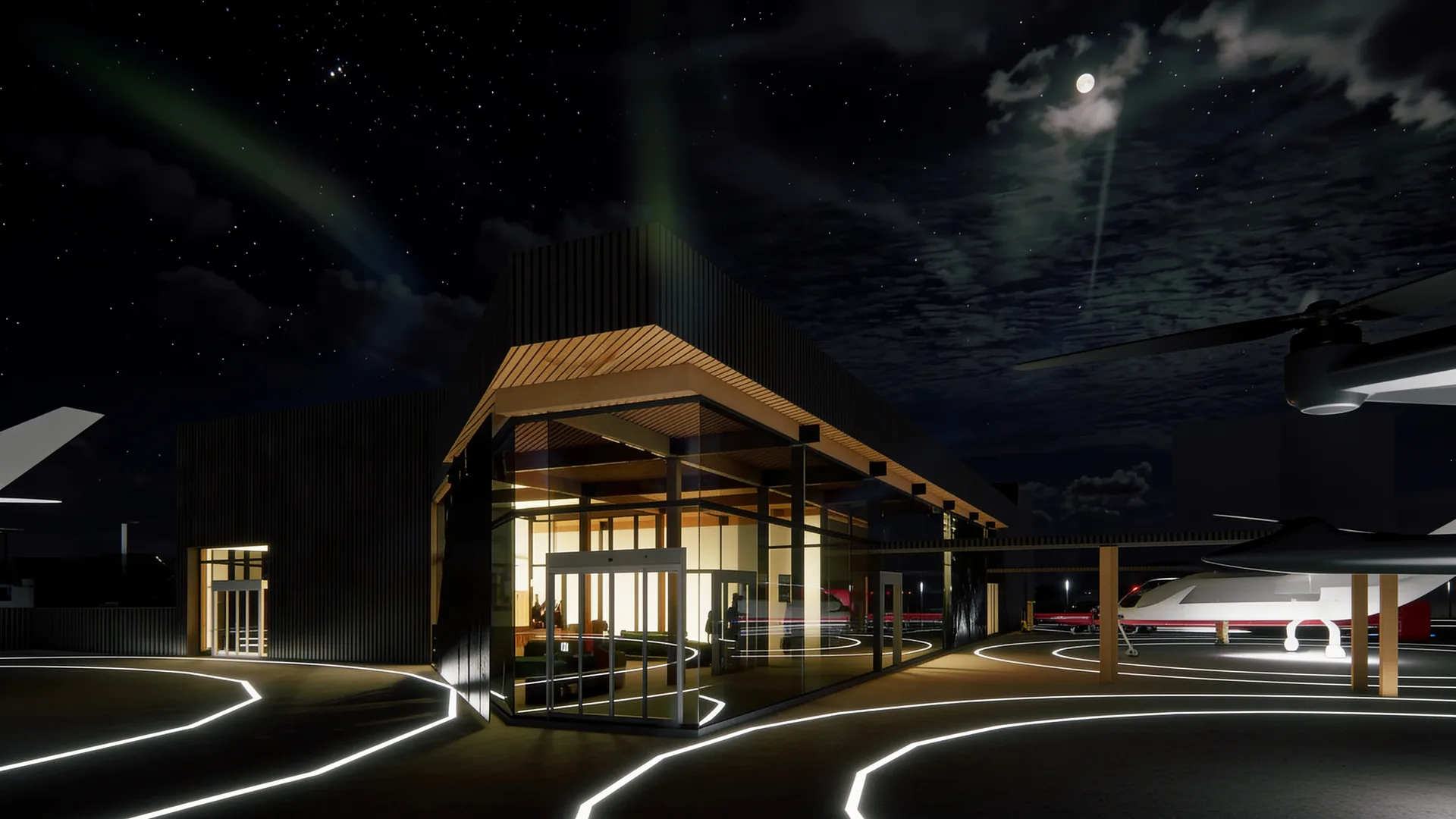 Aureum Mobility vertiport concept rendering at night with electric aircraft on lit landing pads