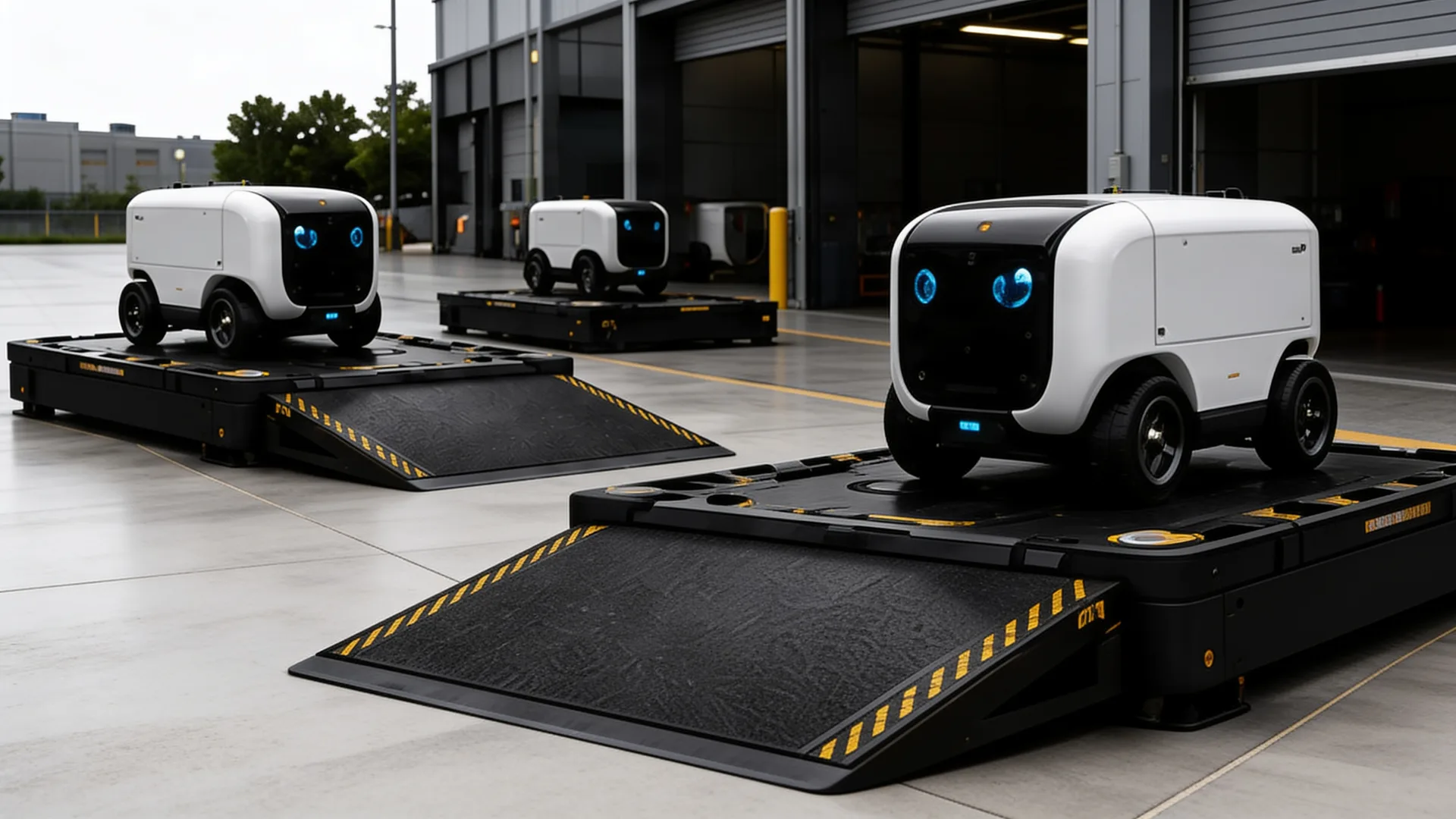 Autonomous delivery robot charging on a Volatus BotStop induction pad at a warehouse dock, concept rendering