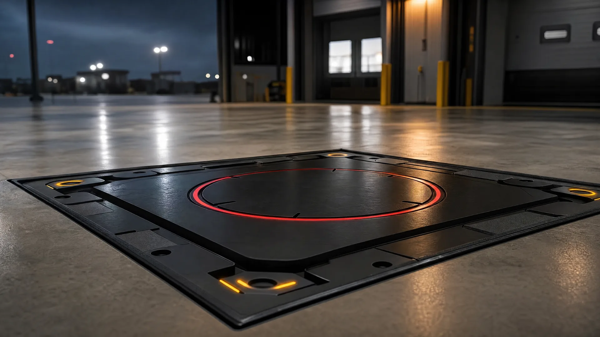 Volatus BotStop wireless induction charging pad recessed in a warehouse dock floor, concept rendering