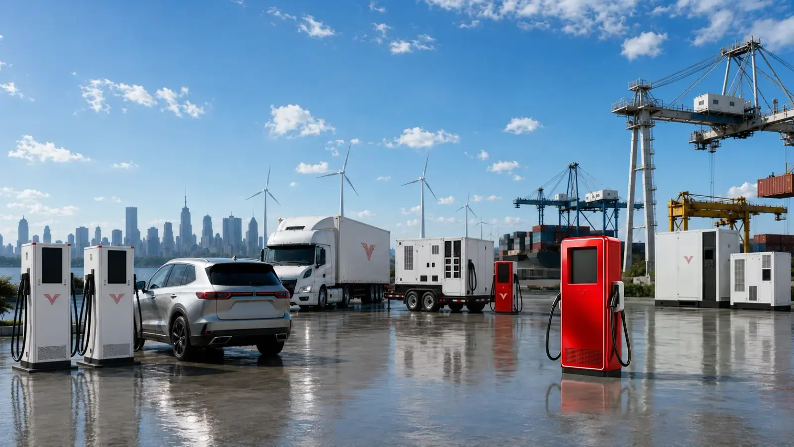 Volatus-branded trucks, DC fast chargers, mobile power units, and a container ship in a working port charging plaza, concept rendering