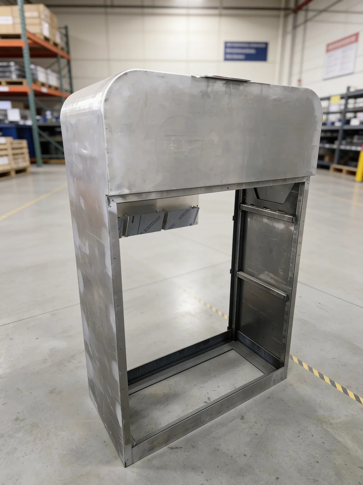 A raw stainless charger enclosure standing on the Wisconsin fabrication floor