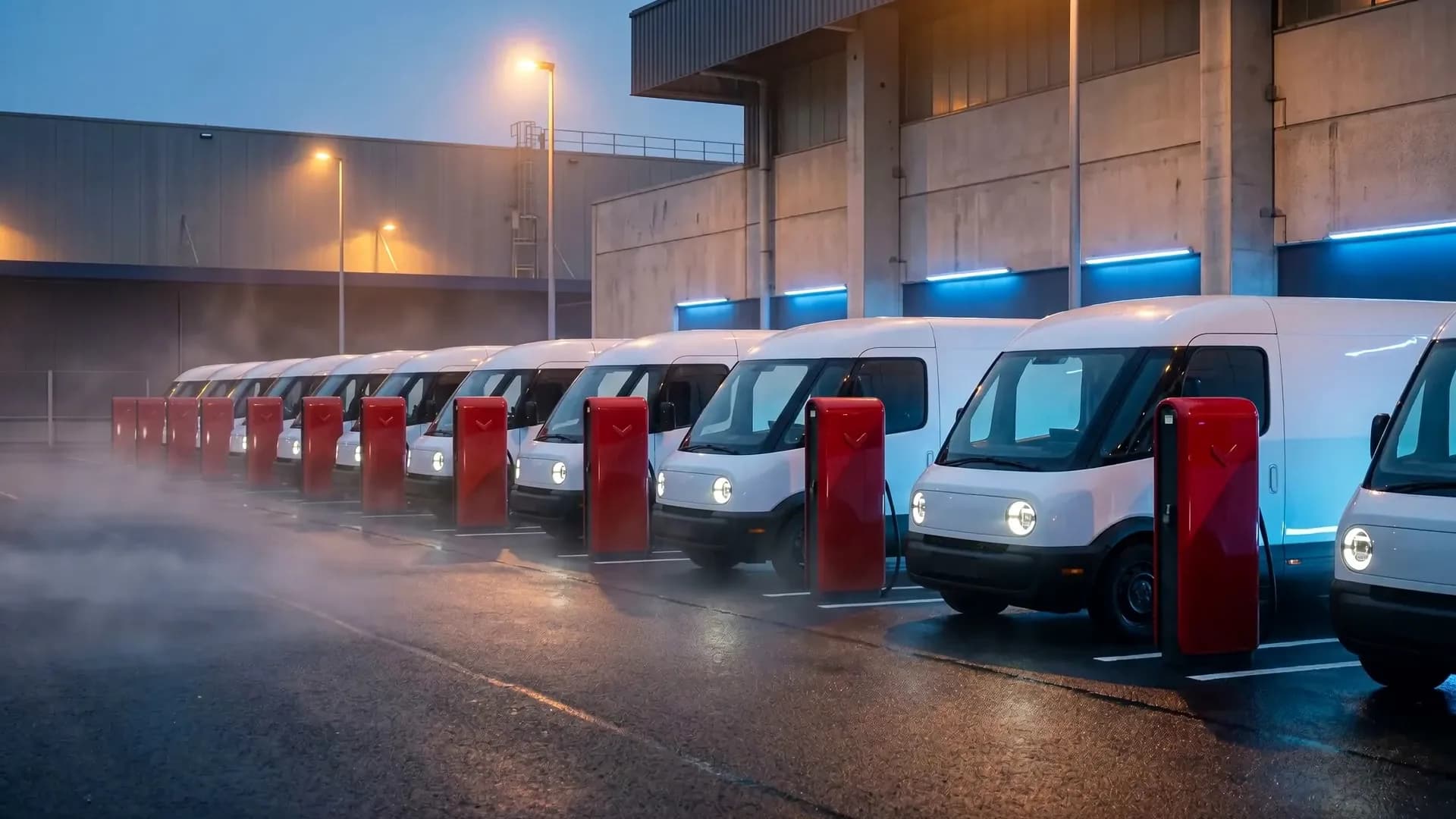 Electric delivery van fleet charging at Volatus DC fast chargers at night, concept rendering