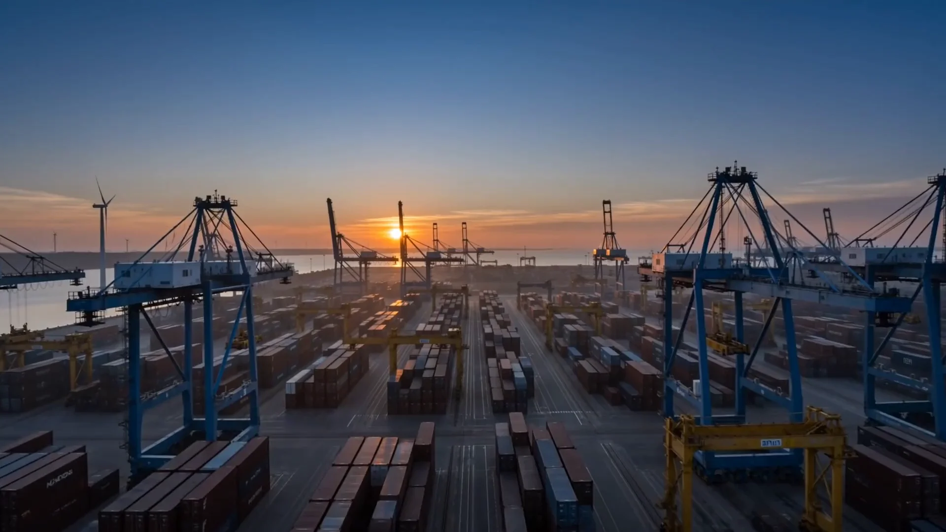 Industrial port at dusk with cranes and container rows, concept rendering