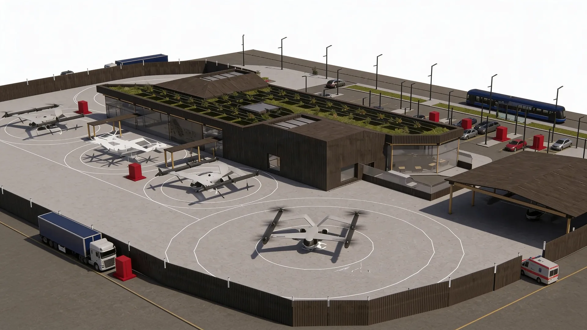 Aureum Mobility vertiport campus concept rendering with electric aircraft, charging pillars, and ground operations