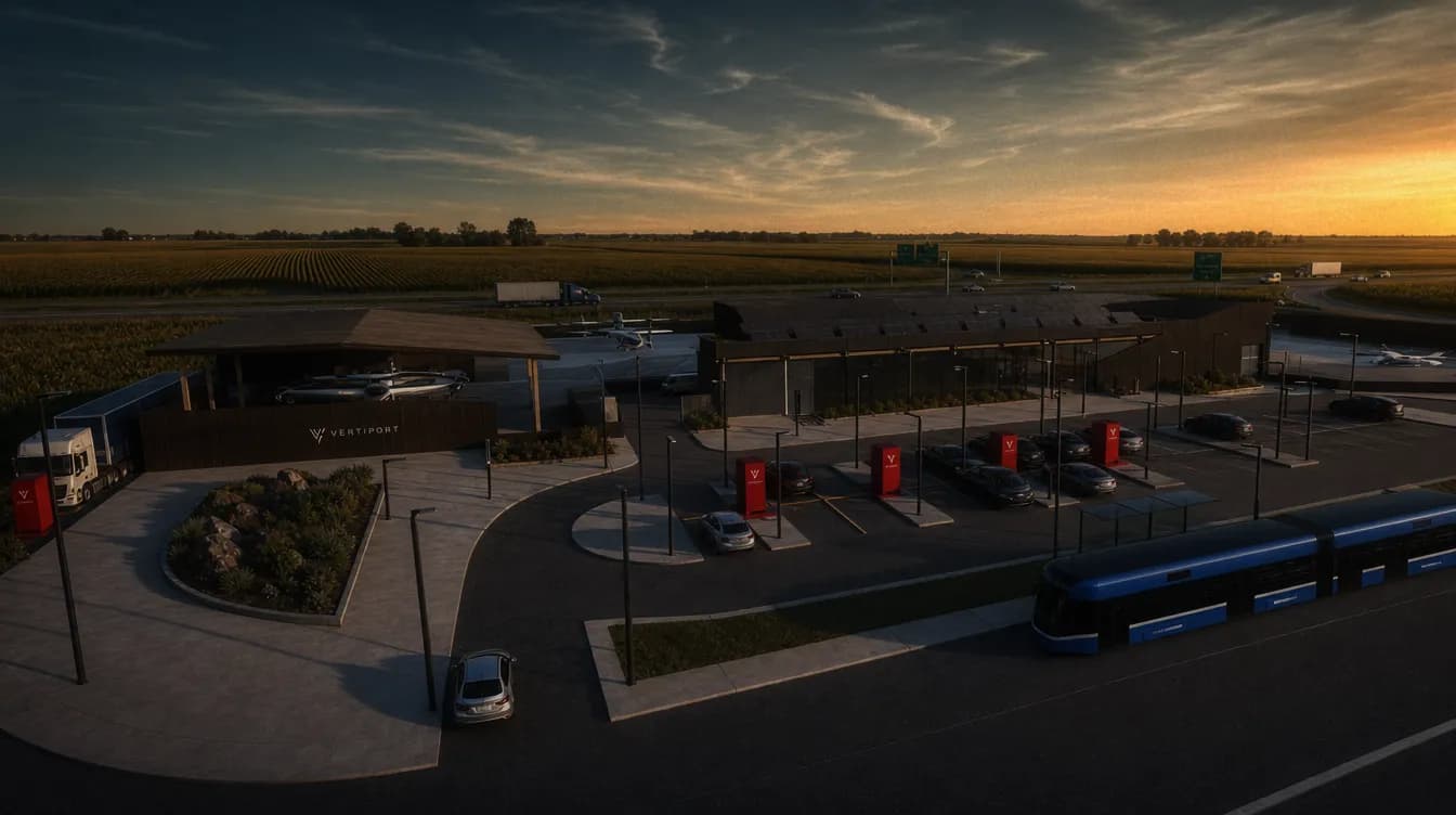 Conceptual droneport network with commercial drones staged over charging positions, concept rendering