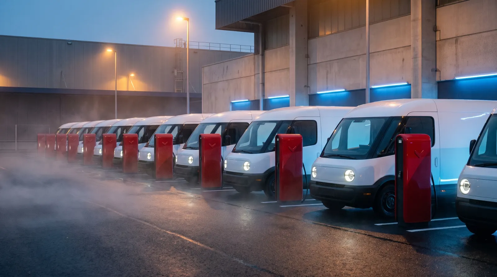 Electric delivery van fleet charging at Volatus DC fast chargers, concept rendering