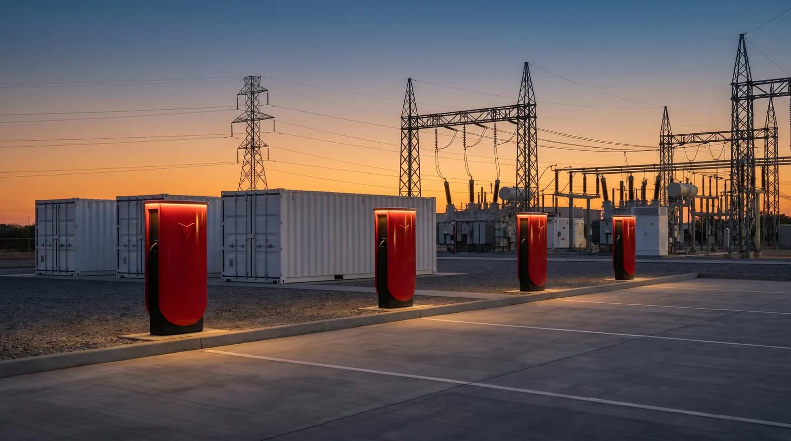 Volatus charging plaza and power containers beside an electrical utility substation at dusk, concept rendering